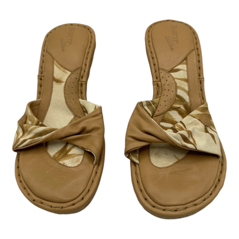 Born Drilles Tan Leather Tropical Twist Wedge Espadrille Sandals Women Size 9.5
